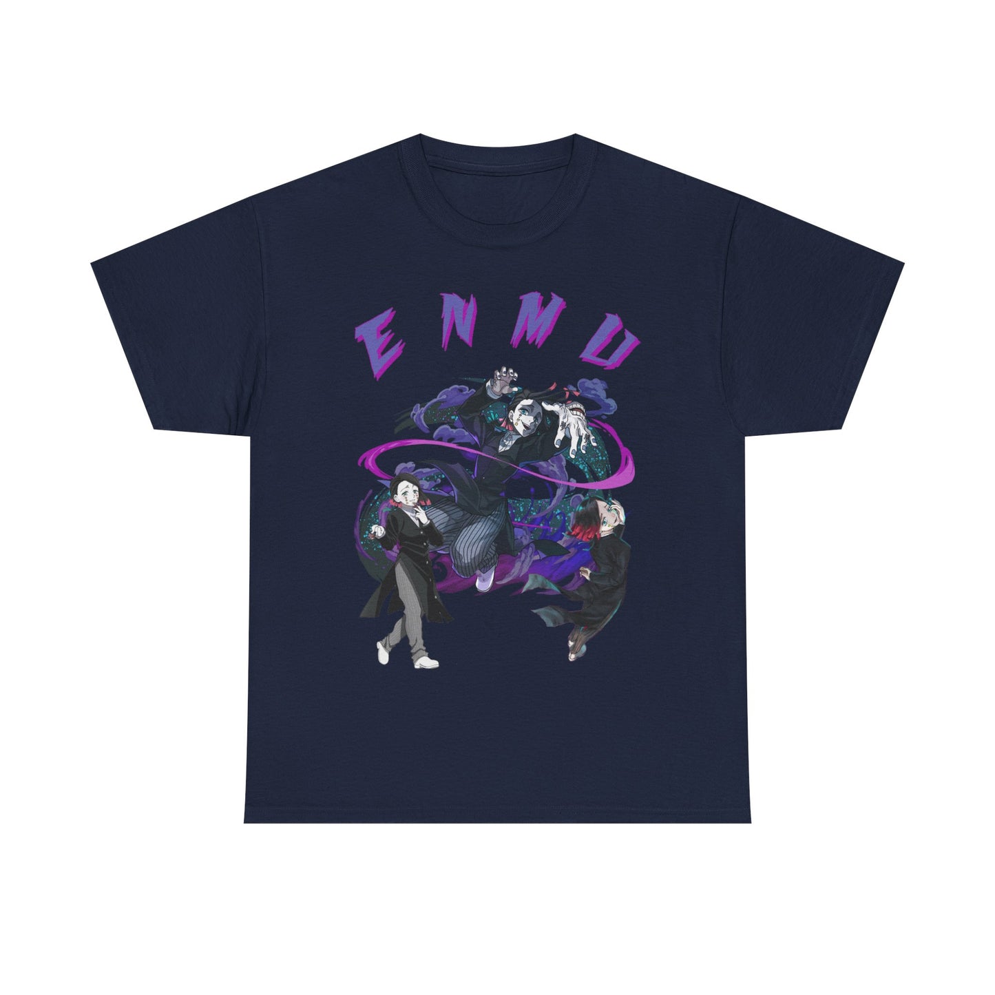Sophisticated navy blue Enmu-inspired graphic T-shirt showcasing captivating designs of formidable characters from Demon Slayer, accented by striking 'ENMU' lettering in vibrant purple.