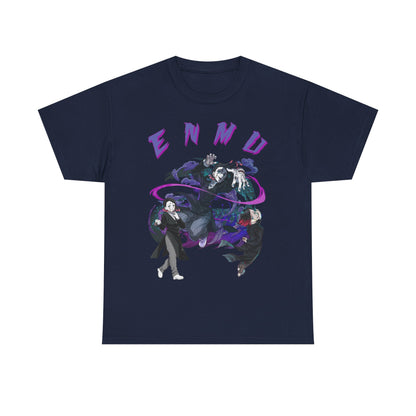 Sophisticated navy blue Enmu-inspired graphic T-shirt showcasing captivating designs of formidable characters from Demon Slayer, accented by striking 'ENMU' lettering in vibrant purple.