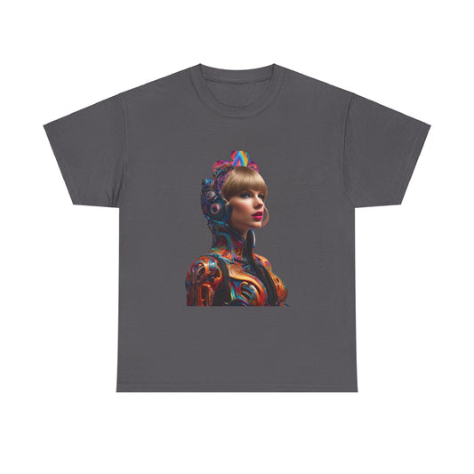 Elegant Swifties psychedelic Taylor Swift Heavy Cotton Tee showcasing a striking illustration of Taylor Swift, perfect for expressing fandom in luxurious comfort.