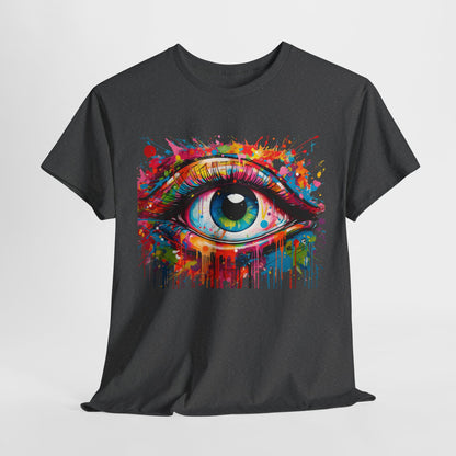 Dynamic front presentation of the 'Visionary Drip' graphic tee in dark grey, highlighting a vivid eye illustration that captures the essence of artistic individuality.