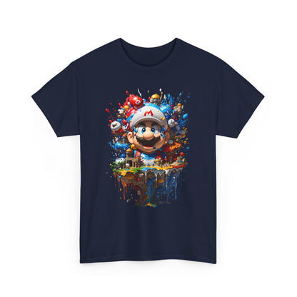 Front view of M a r i o's Colorful Adventure Graphic T-Shirt featuring an artistic depiction of Mario amidst an explosion of colour and playful elements, embodying a sophisticated yet fun fashion statement.