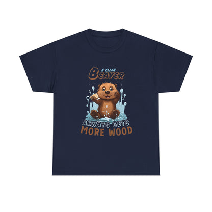 A Clean Beaver Unisex Graphic Cotton Tee in classic navy, portraying an enchanting cartoon beaver splashing merrily in water with the fun expression 'ALWAYS GETS MORE WOOD'—a unique selection for those with a fondness for nature.