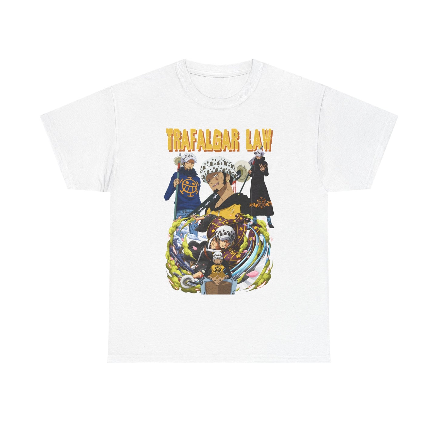 Chic white T-shirt showcasing the iconic Trafalgar Law illustration from One Piece, a statement piece for anime lovers seeking stylish apparel.