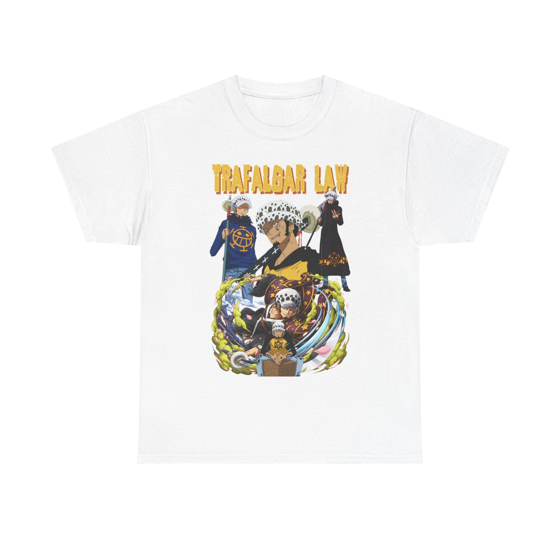 Chic white T-shirt showcasing the iconic Trafalgar Law illustration from One Piece, a statement piece for anime lovers seeking stylish apparel.