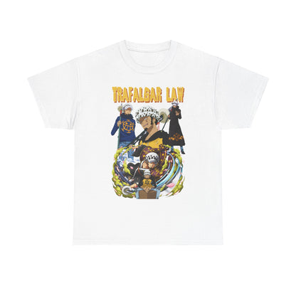 Chic white T-shirt showcasing the iconic Trafalgar Law illustration from One Piece, a statement piece for anime lovers seeking stylish apparel.