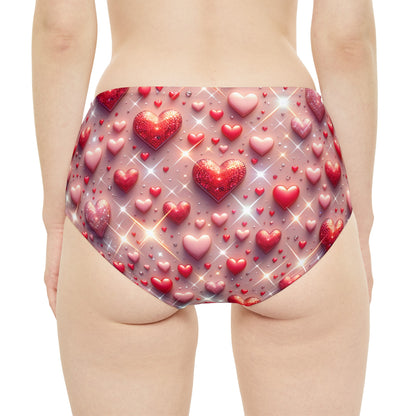 Elegant and fashionable Glittering Hearts High-Waist Hipster Bikini Bottom by Dazzling Dreams Studio, showcasing a flattering silhouette and quick-drying fabric, ideal for poolside lounging and ocean adventures.