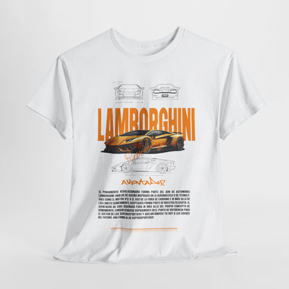 Elegant white t-shirt featuring a striking Lamborghini Aventador graphic with technical sketches, bold typography in orange and gold, celebrating automotive mastery.