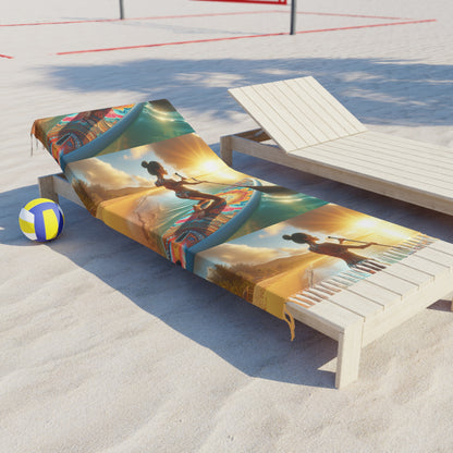 Stylish Boho Beach Cloth for Paddleboarding draped over a sun lounger at a beach, featuring an elaborate design of a woman paddleboarding. Perfect companion for beach days and sunbathing in elegance.