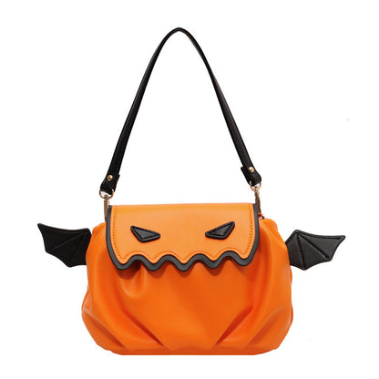 Vibrant Funny Crossbody Bag - Halloween Pumpkin Cartoon Design in striking orange, complemented by charming wing details, perfect for a stylish Halloween look.