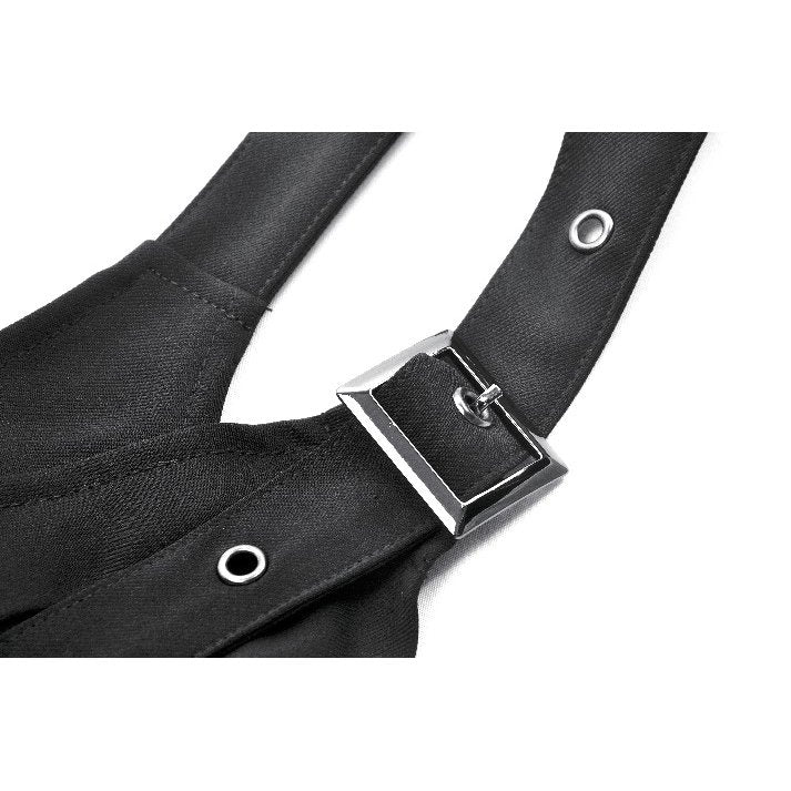 Detailed view of the chunky silver buckle and chain links on the Dark In Love Evangeline Buckled Utility Crop Top, showcasing its tactical utility-inspired aesthetic.