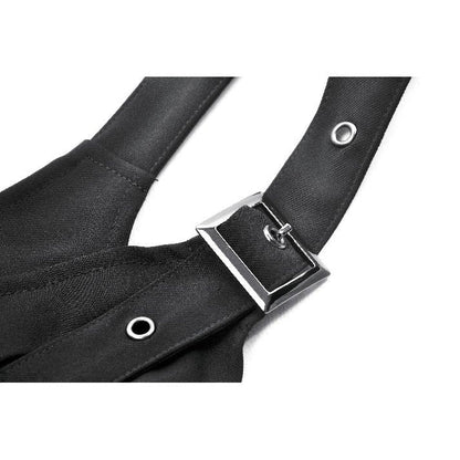 Detailed view of the chunky silver buckle and chain links on the Dark In Love Evangeline Buckled Utility Crop Top, showcasing its tactical utility-inspired aesthetic.