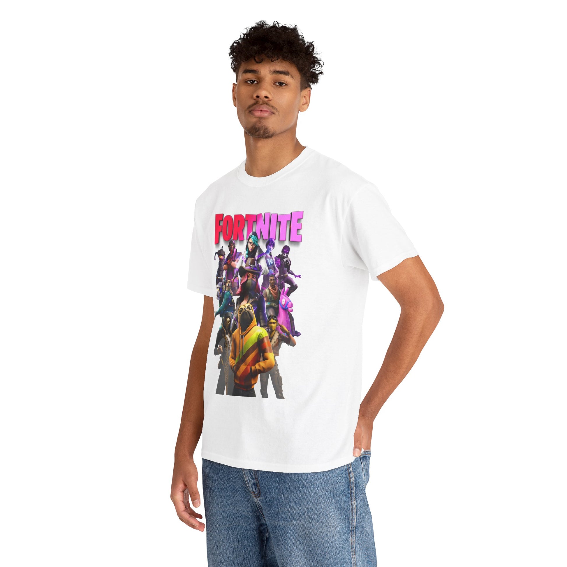 Stylish model wearing the exclusive Fortnite Squad Drip T-Shirt, featuring vivid character art, ideal for making a bold fashion statement.