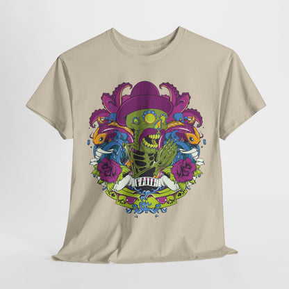 Luxurious beige t-shirt featuring an intricate graphic of a skeleton embracing koi fish and roses, designed for the discerning fashion enthusiast.