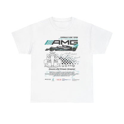 Men's luxury white F1 Mercedes AMG Petronas T-Shirt displaying dynamic race car graphics and iconic team logos, designed for motorsport enthusiasts.