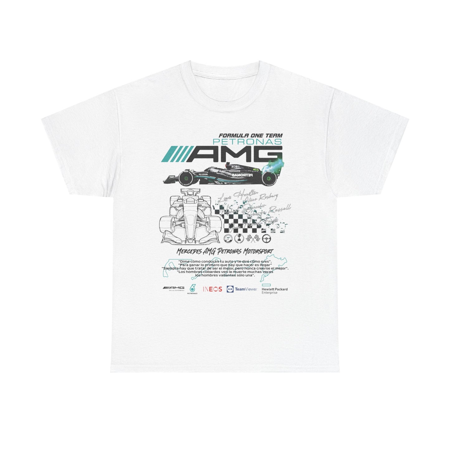 Premium men's F1 Mercedes AMG Petronas T-Shirt in white showcasing striking race car imagery, team branding, and autographs of renowned F1 drivers for a classic look.