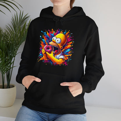 Unisex Urban Homer’s Hungry Delight Graphic Lightweight Hooded Sweatshirt worn by a model amidst indoor greenery, showcasing a playful Homer Simpson graphic with vivid hues.
