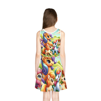 Serena Blissington Girls Sundress by Dazzling Dreams Studio featuring a vibrant cartoon pony design on a soft pastel background, perfect for luxury summer fashion for children.