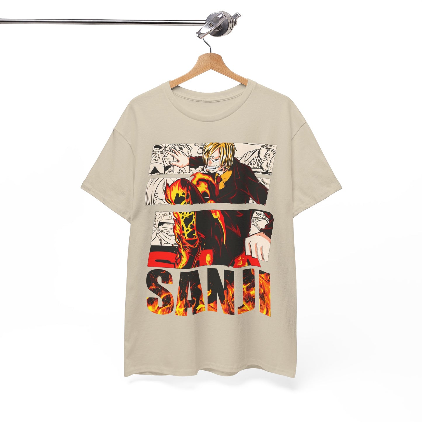 Luxury graphic tee featuring a vibrant illustration of the charismatic cook Sanji from a beloved anime series, showcasing dynamic colours and artistic detail.
