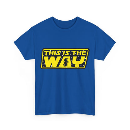 Front view of Mandalorian Star Wars This is the Way Logo Graphic Unisex Tee Shirt in striking blue, featuring the iconic 'This is the Way' logo.