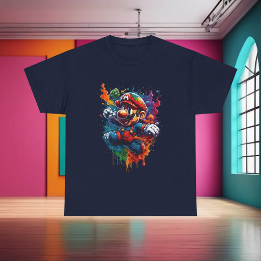 Elegant Computer Game Character Graphic T-Shirt showcasing a vivid Mario illustration in navy blue, ideal for stylish gamers.