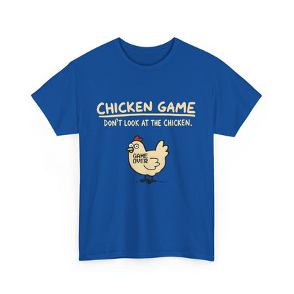 Front view of the Urban Chicken Game Graphic T-Shirt featuring a whimsical chicken graphic, embodying unique urban art on luxurious cotton.
