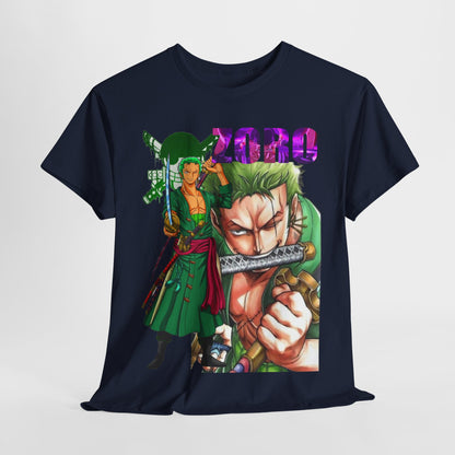 Chic Roronoa Zoro graphic tee styled elegantly, capturing the essence of adventure and anime with vibrant colours and a meticulous design.