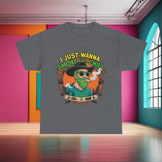 420 Cannabis Marijuana Graphic T-Shirt displayed in a sophisticated grey hue, showcasing an artistic illustration of a cool man with a green beard and stylish sunglasses, paired with the slogan 'I Just Wanna Smoke and Chill', ideal for relaxed, luxurious streetwear.
