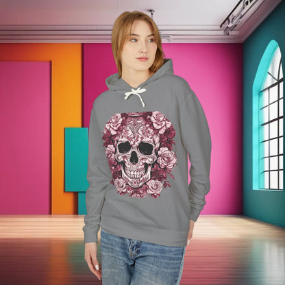 Woman in the stylish Unisex Lightweight Hooded Sweatshirt with unique designer skull and roses motif, set against a vibrant background, embodying luxury and elegance.