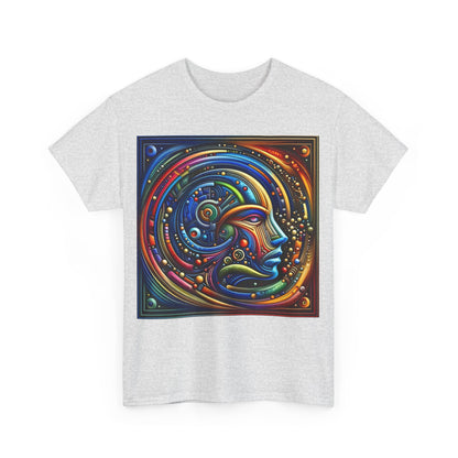 Stained Glass Dreams Unisex T-Shirt featuring a vibrant, artistic design with a human face motif, set against a grey background. Elevate your wardrobe with this exquisite graphic tee.