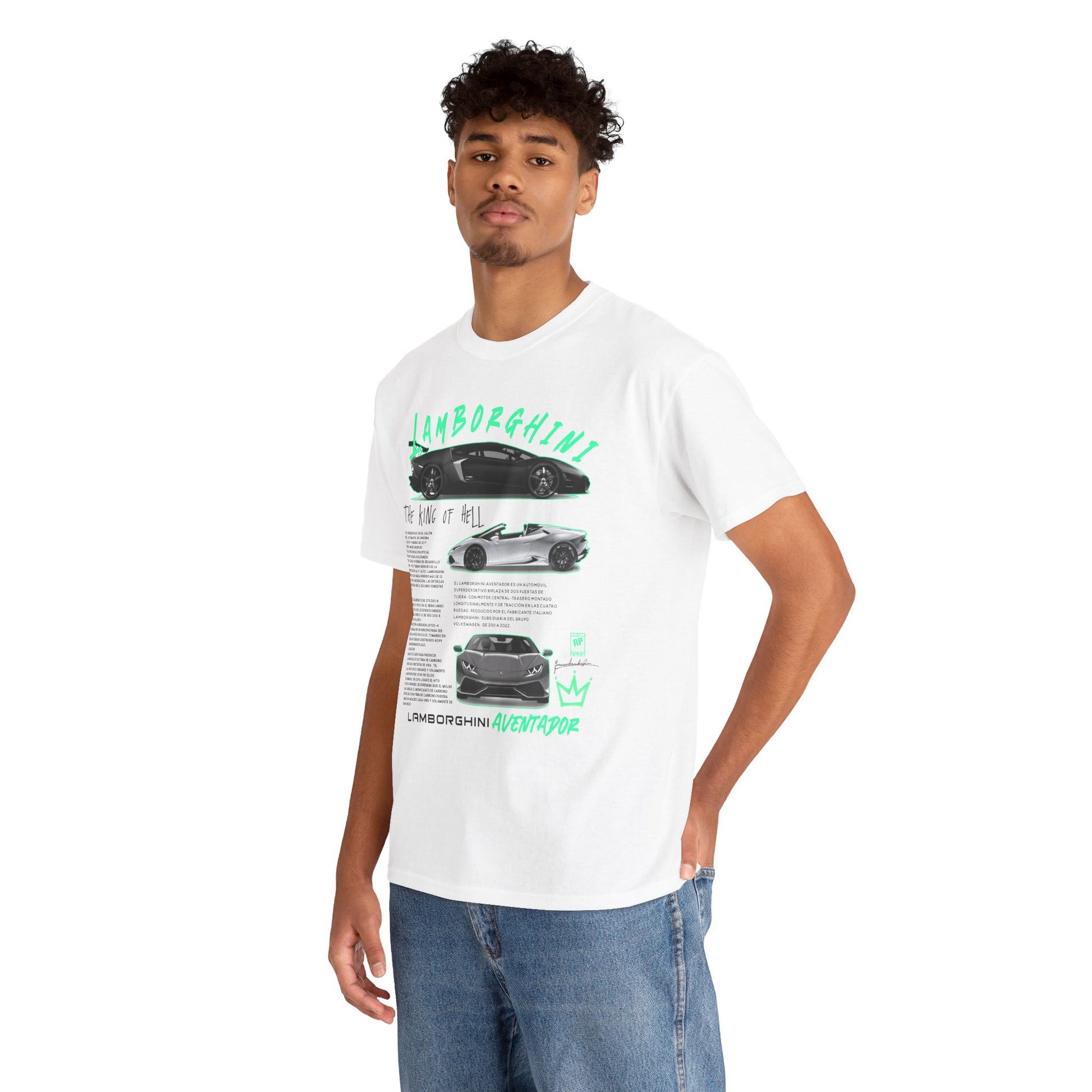 Stylish white Lamborghini Aventador men's t-shirt featuring bold design and detailed car graphics, perfect for automotive enthusiasts.