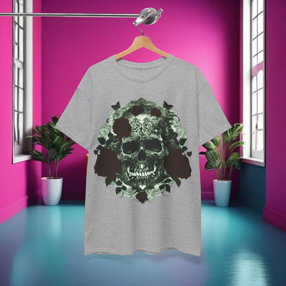 Stylishly displayed Skulls and Roses Cotton Tee on a hanger in a contemporary setting, emphasising its luxurious design and artistic skull and rose graphics.