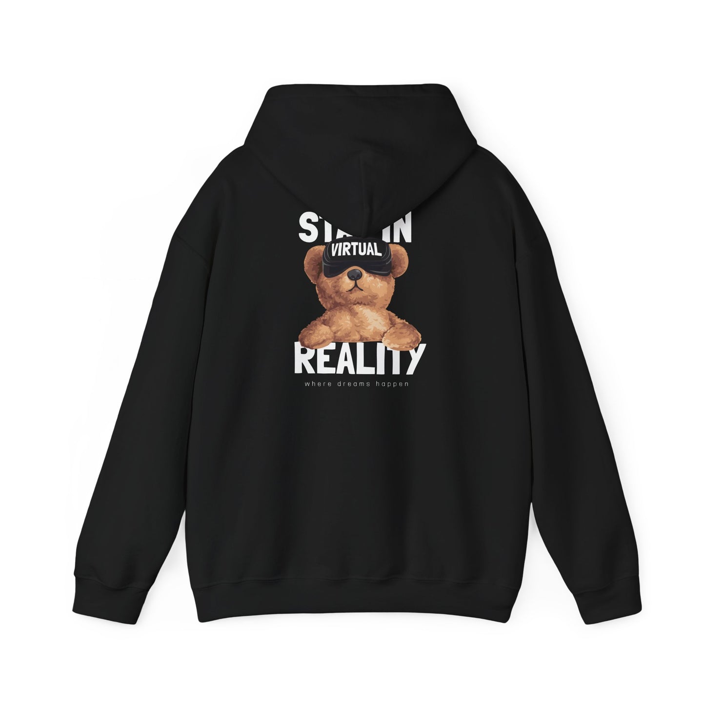 Sleek black hoodie with a whimsical VR teddy bear design on the back, featuring the inspiring message ‘STAY IN VIRTUAL REALITY’, merging comfort and modern aesthetics.