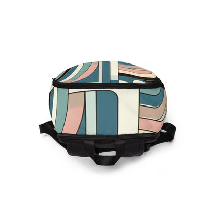 Fashion model carrying the Pastel Elegance Backpack by Dazzling Dreams Studio in an urban setting, exemplifying stylish practicality and modern luxury.