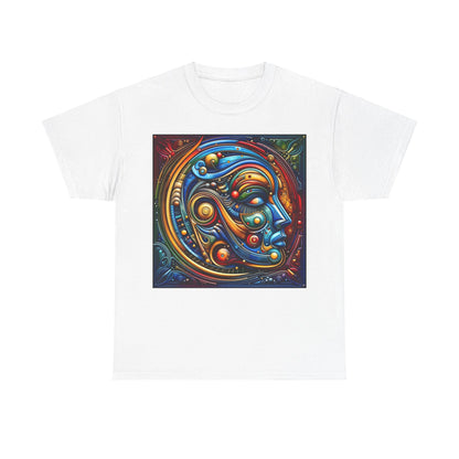 Stained Glass Dreams Unisex T-Shirt in white showcasing an artistic interpretation of a face with intricate colourful patterns.