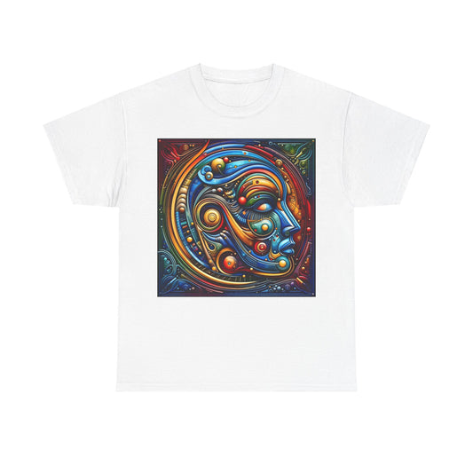 Stained Glass Dreams Unisex T-Shirt in white showcasing an artistic interpretation of a face with intricate colourful patterns.