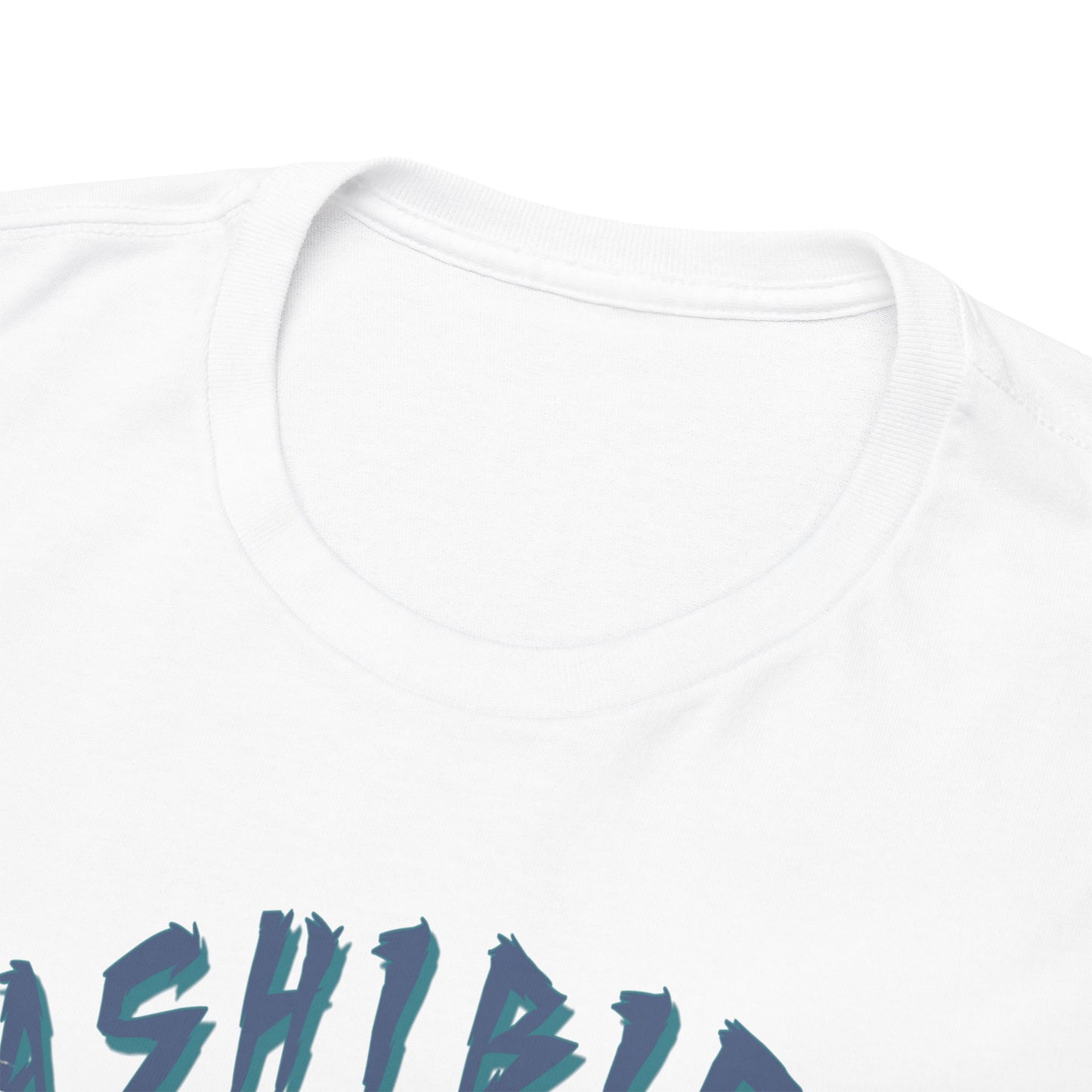 Close-up view of the neckline of the Hashibira Inosuke graphic tee, showcasing fine craftsmanship and premium fabric.
