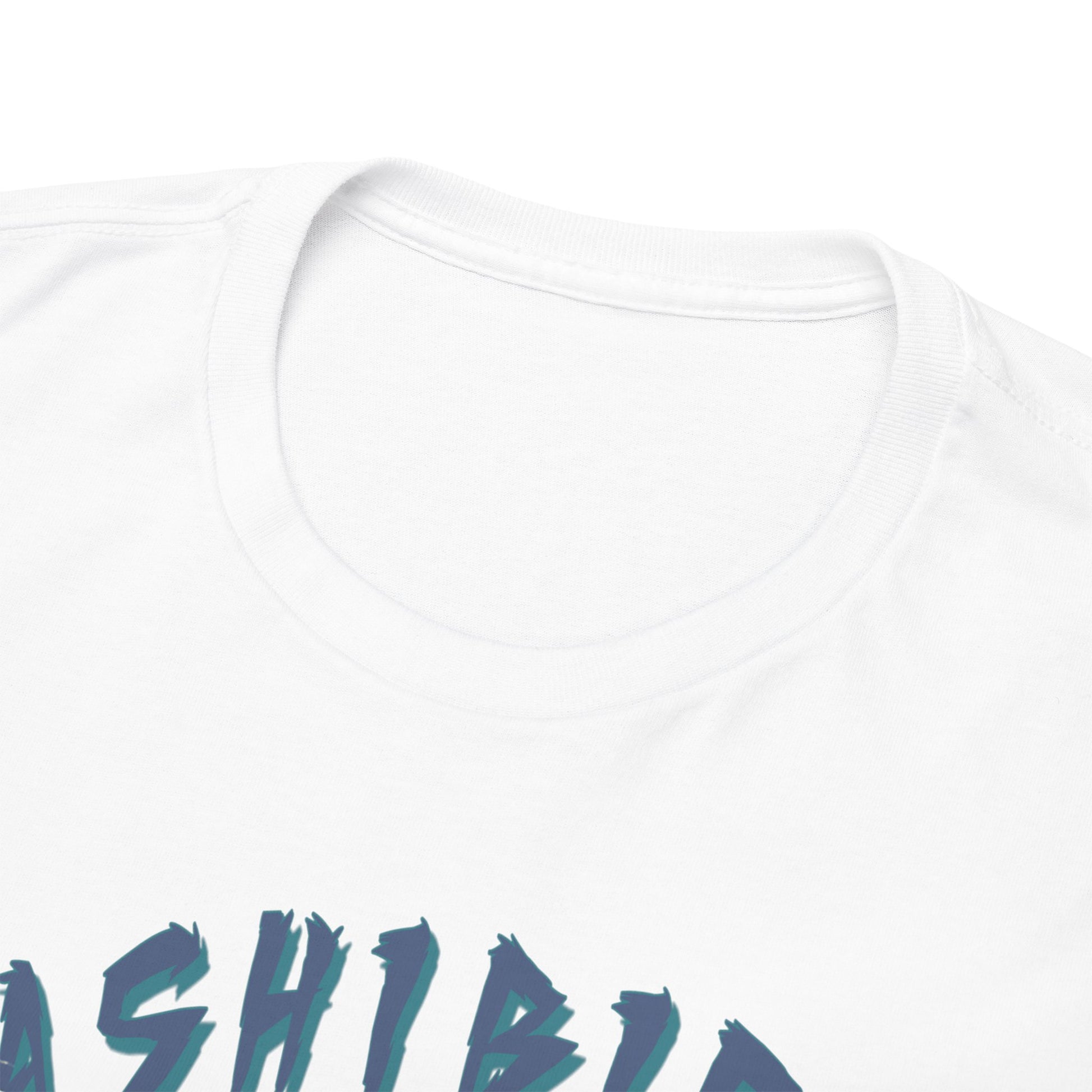 Close-up view of the neckline of the Hashibira Inosuke graphic tee, showcasing fine craftsmanship and premium fabric.