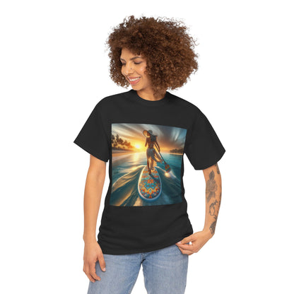 Lifestyle image of a person wearing the Luxury Paddle Board T-Shirt by Dazzling Dreams Studio on a sunny beach, highlighting its relaxed fit and stylish design for outdoor adventures.