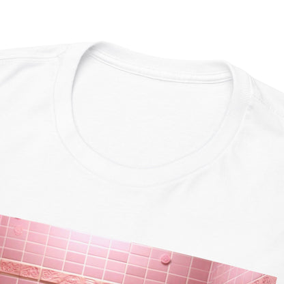 Close-up of a luxurious white t-shirt's neckline, adorned with a striking design of Stormtroopers in a vibrant pink bathtub, highlighting quality craftsmanship and stylish flair.