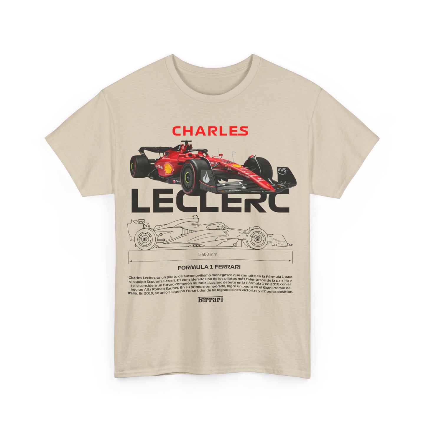 Fashion-forward beige men's t-shirt with an eye-catching front graphic of a Ferrari race car, celebrating Charles Leclerc's legacy in motorsport.
