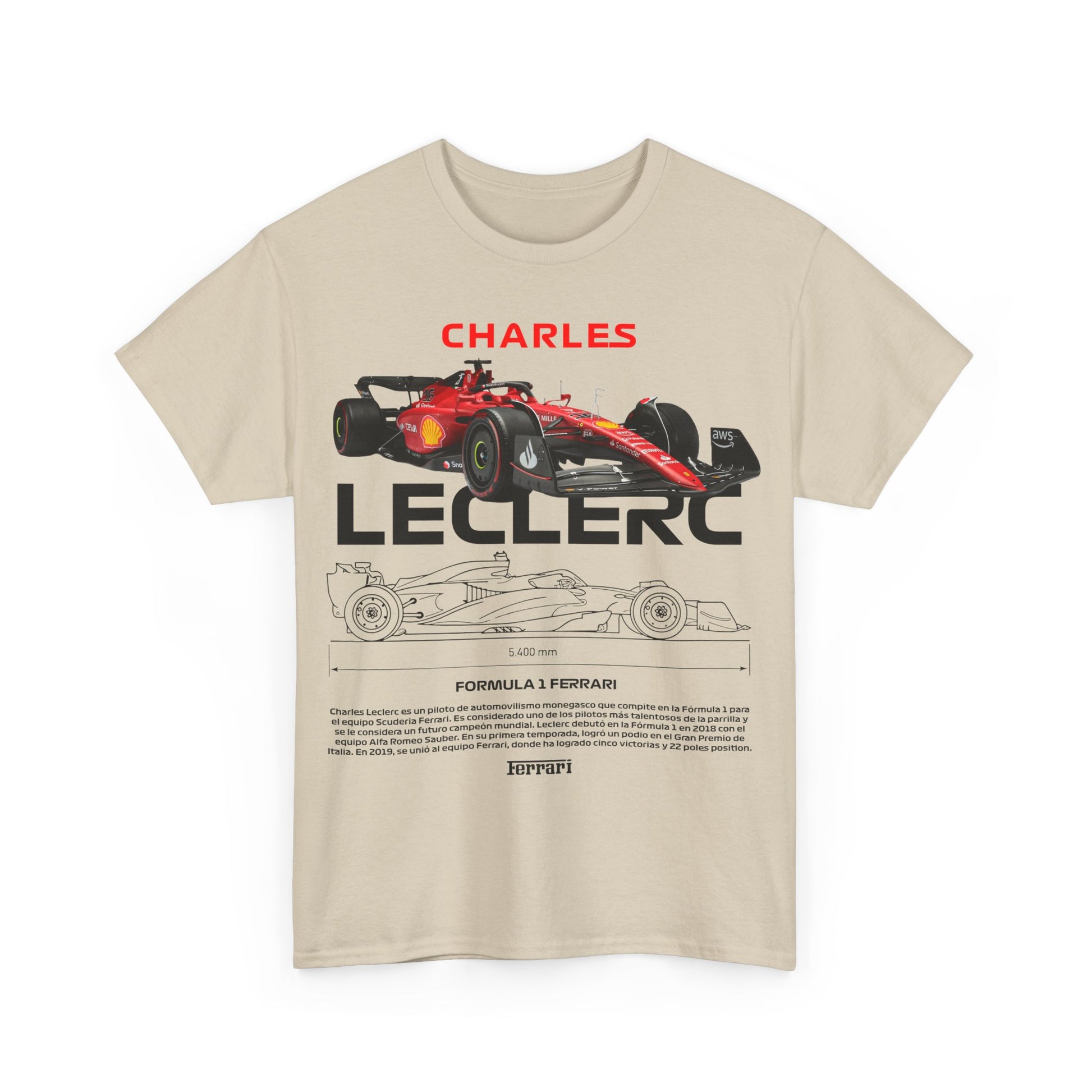 Fashion-forward beige men's t-shirt with an eye-catching front graphic of a Ferrari race car, celebrating Charles Leclerc's legacy in motorsport.