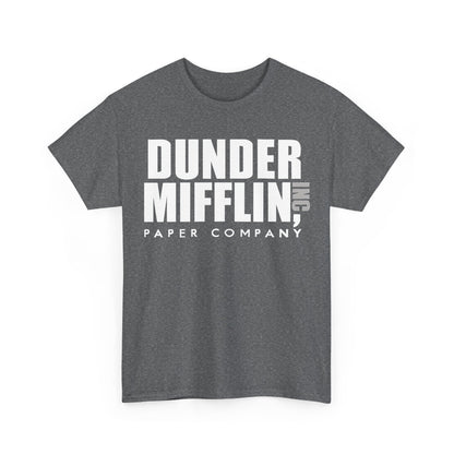 The Office Dunder Mifflin Logo Graphic T-Shirt in refined grey, with prominent white lettering, blending comfort and style for the modern geek.