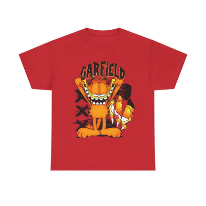 Garfield Unisex Graphic T-Shirt - Vibrant Cartoon Design featuring an energetic Garfield on a striking red canvas, designed for those who appreciate luxury in casual wear.
