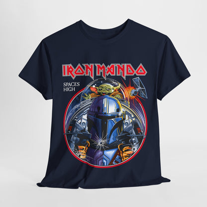 Stylish presentation of the luxurious Iron Mando graphic tee, featuring detailed artwork inspired by Star Wars characters in a creative layout.