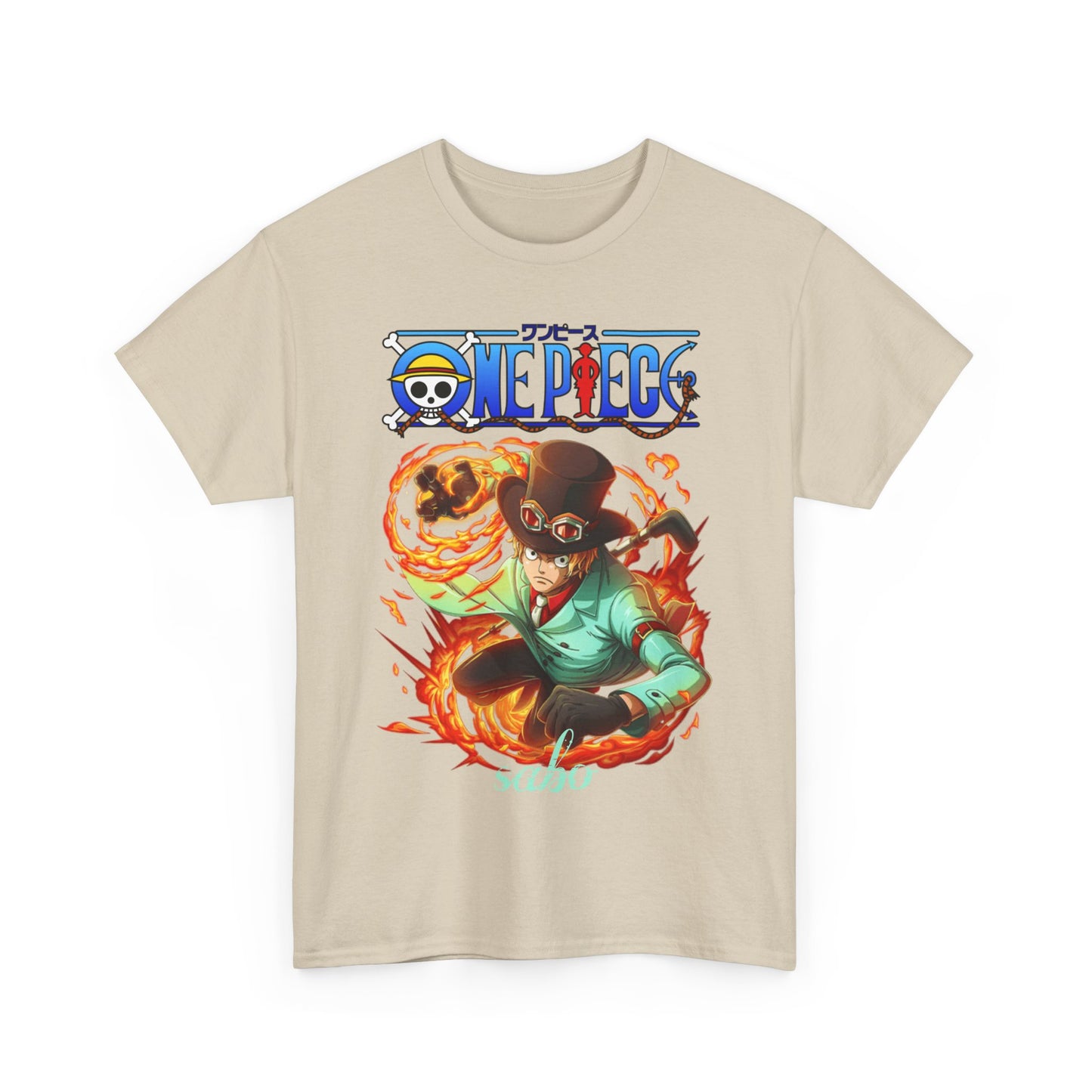 Luxury men's t-shirt featuring a stylish illustration of Sabo from One Piece, depicting him in a dynamic fiery action pose against a beige background.