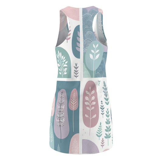 Close-up of the Chic Racerback Dress in Pastel Colours with Tree Silhouettes by Dazzling Dreams Studio highlighting the intricate tree silhouettes elegantly blending into the pastel fabric.