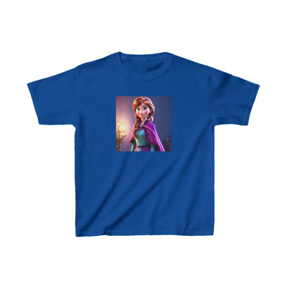 Kids Frozen Anna Heavy Cotton T-Shirt in royal blue, showcasing a charming illustration of Anna from Disney, ideal for style and playful adventures.