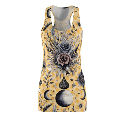 Front view of the Chic Women's Designer Racerback Dress showcasing intricate floral artwork on a soft yellow background, ideal for summer events.
