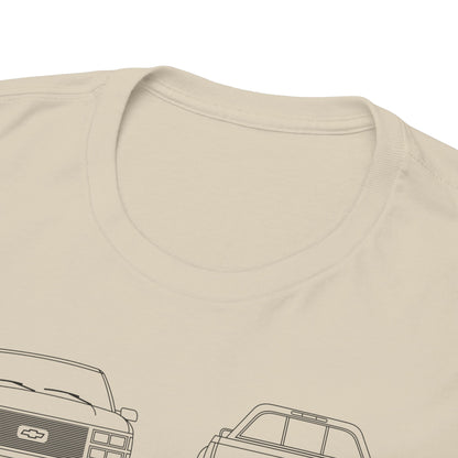 Close-up view of the Chevrolet Cheyenne Men's T-Shirt neckline, illustrating the premium fabric quality and sophisticated design with stylish line graphics of Chevrolet trucks.