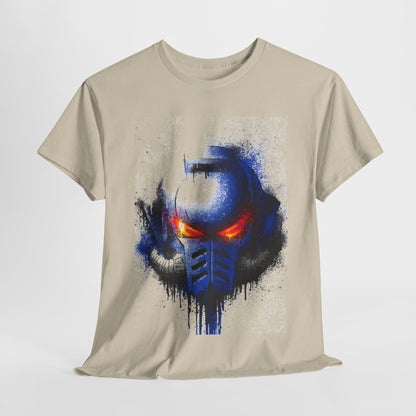 Luxurious graphic tee showcasing a striking blue helmet design with fiery red eyes, crafted for both men and women, perfect for urban street fashion.